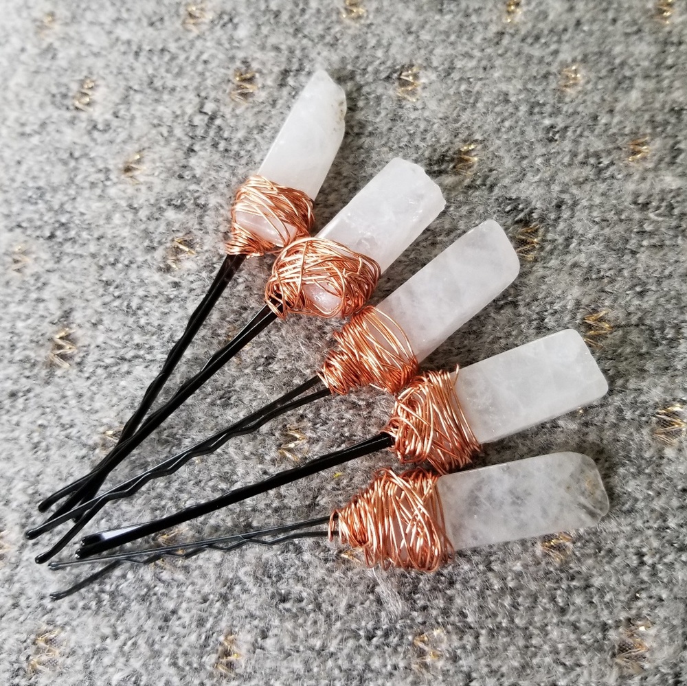 Genuine rose quartz hair pins with copper wire